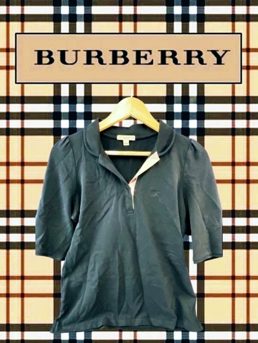 Burberry London Black Puff Sleeve Polo Shirt Nova Check Placket Size L Authentic